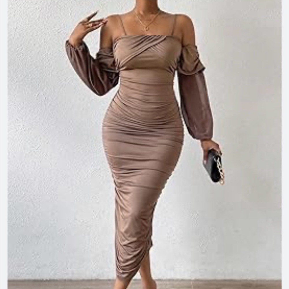 Elegant Olive Midi mesh Dress with Ruched Design (musera)